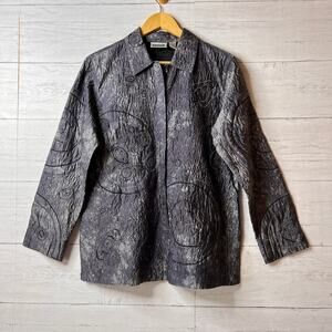 Chicos Shacket Womens Size 1/Medium Silver Gray Embroidered 100% Silk Buttons